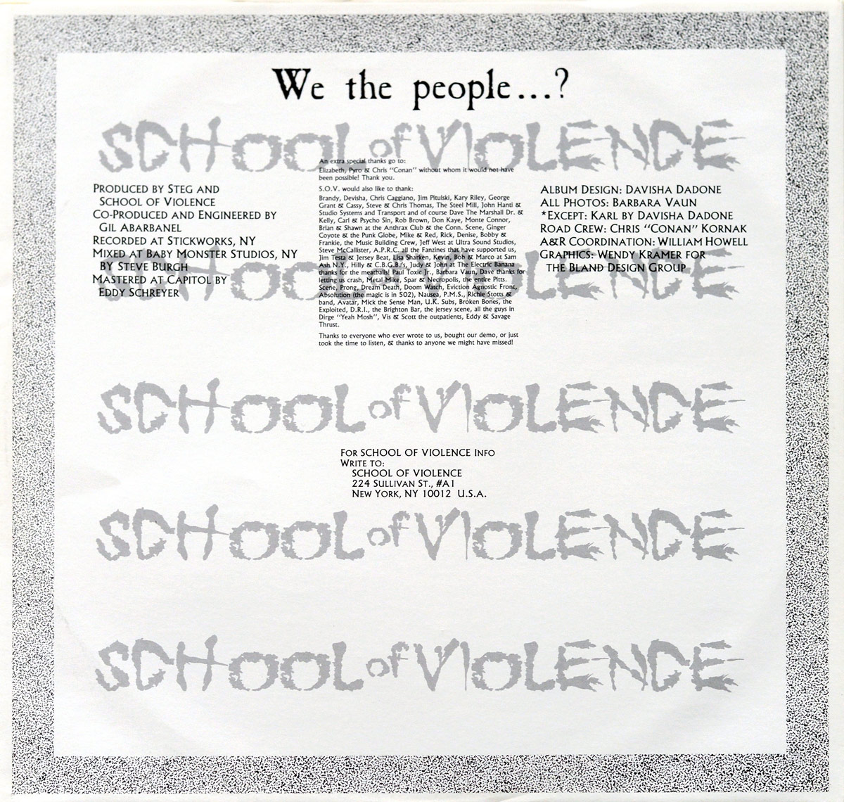 Inner sleeve of School of Violence - We The People...? featuring album credits, production details, acknowledgments, and a repeated faded band logo as background.