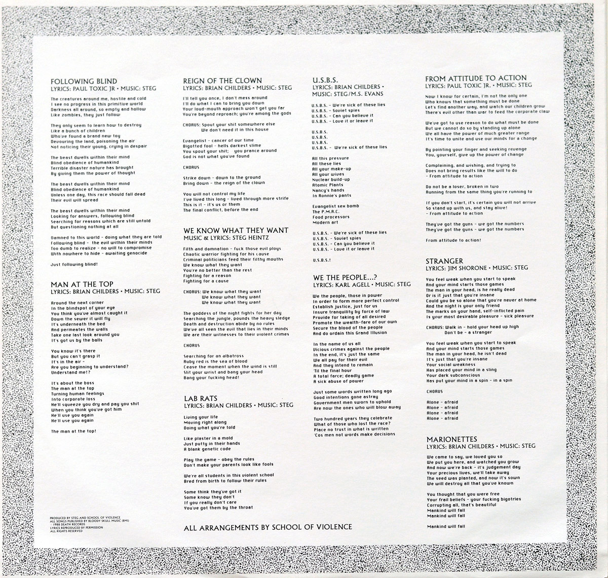 Inner sleeve of School of Violence - We The People...? featuring full printed lyrics for all songs, a textured border, and a minimalistic black-and-white design.