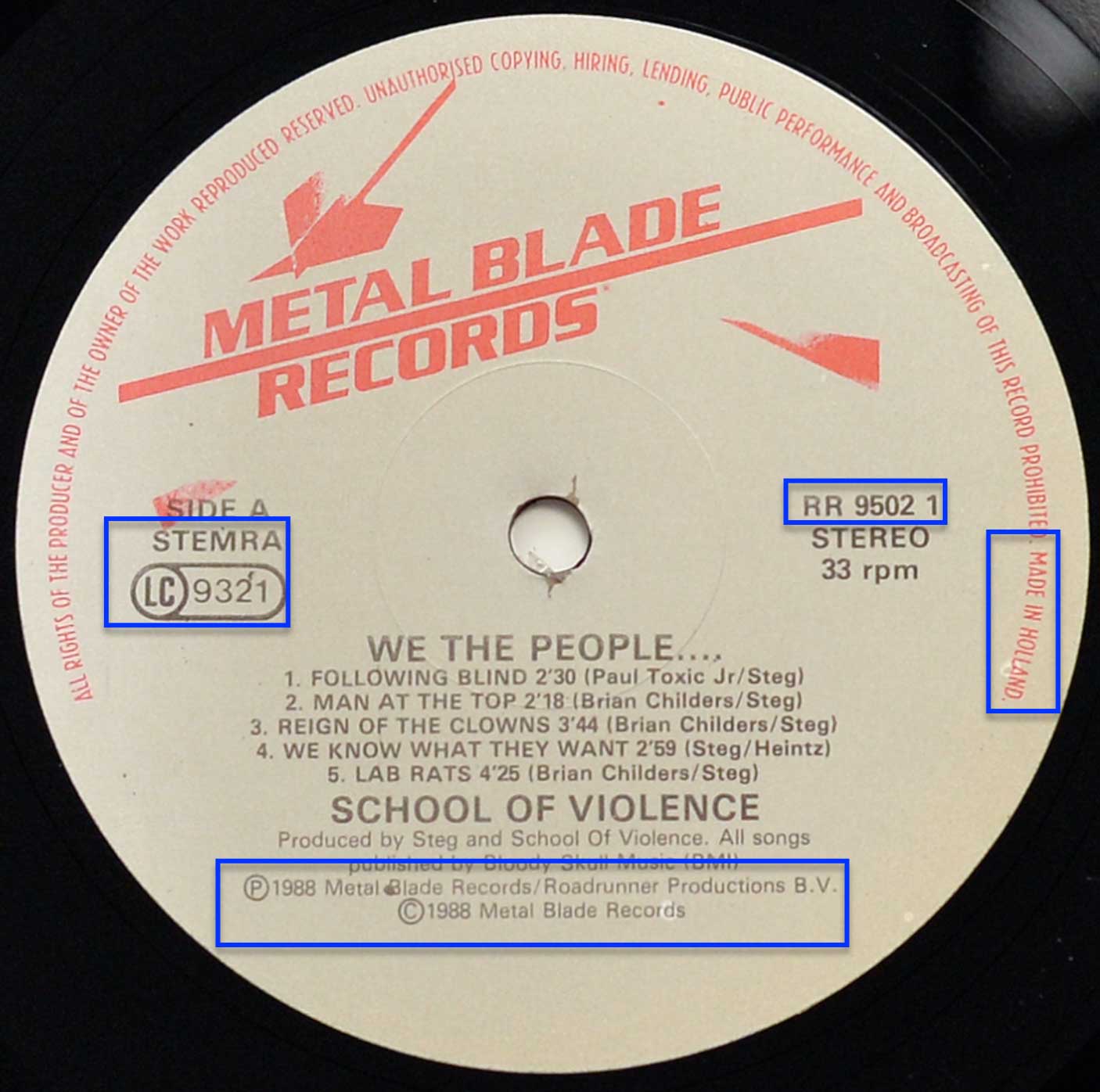 Close-up of the record label for School of Violence - We The People...? Metal Blade Records Side A, featuring tracklist, production credits, and manufacturing details.