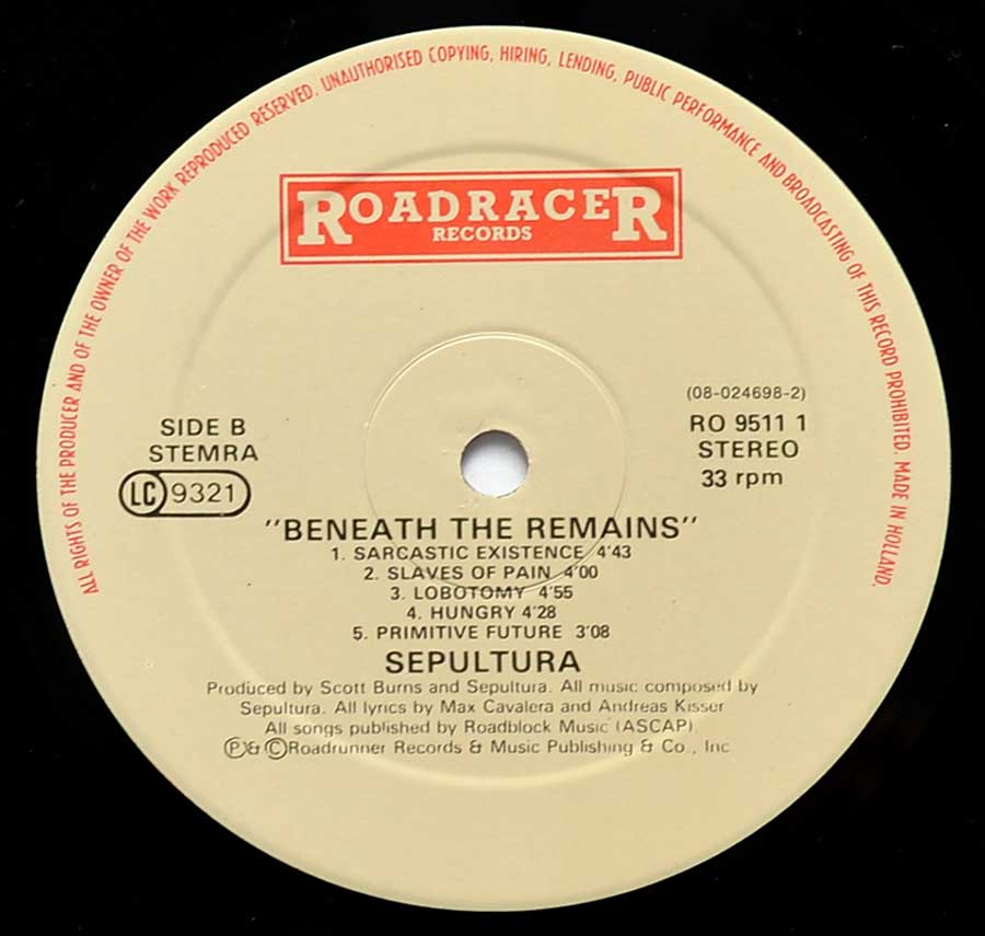 Side Two Close up of record's label SEPULTURA - Beneath The Remains RoadRaceR Records 12" LP ALBUM VINYL 
