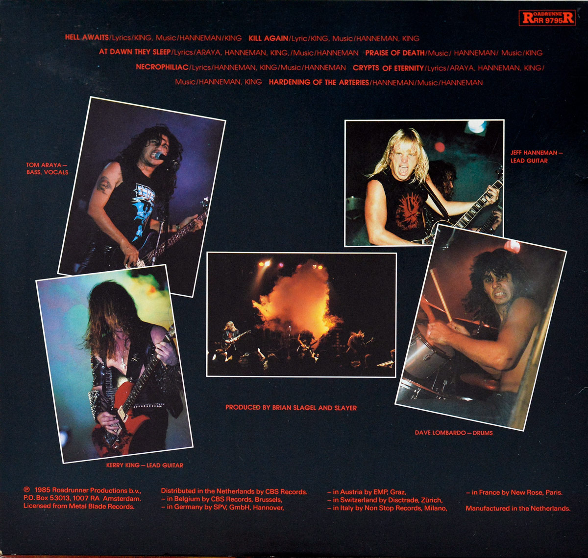 Back cover of Slayer's Hell Awaits LP with tracklist, band member photos, live performance shot, and red credits on a dark background. Includes Roadrunner Records branding.