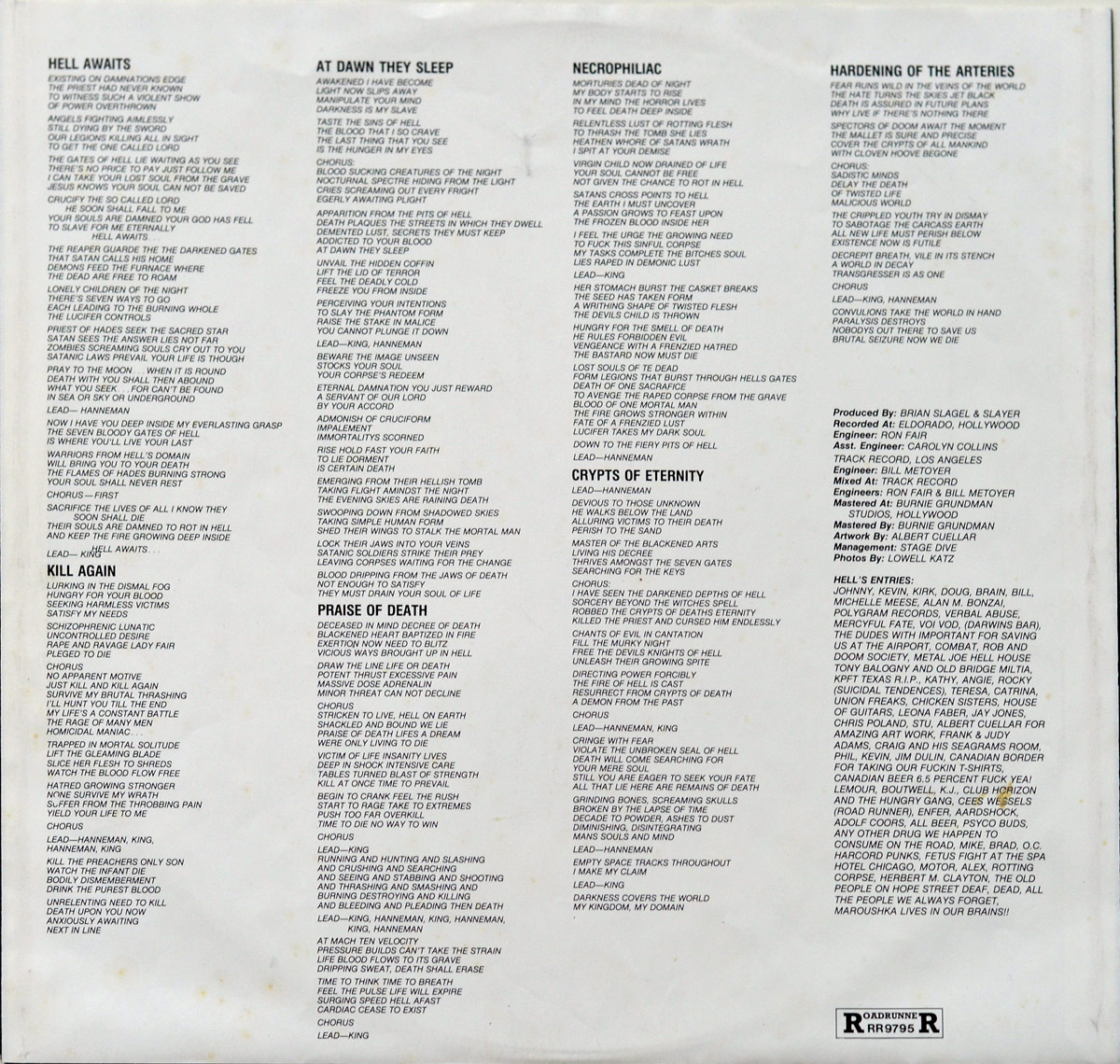 Back of the inner sleeve for Slayer's Hell Awaits LP, featuring full printed lyrics to all songs, production credits, and acknowledgements on white background.