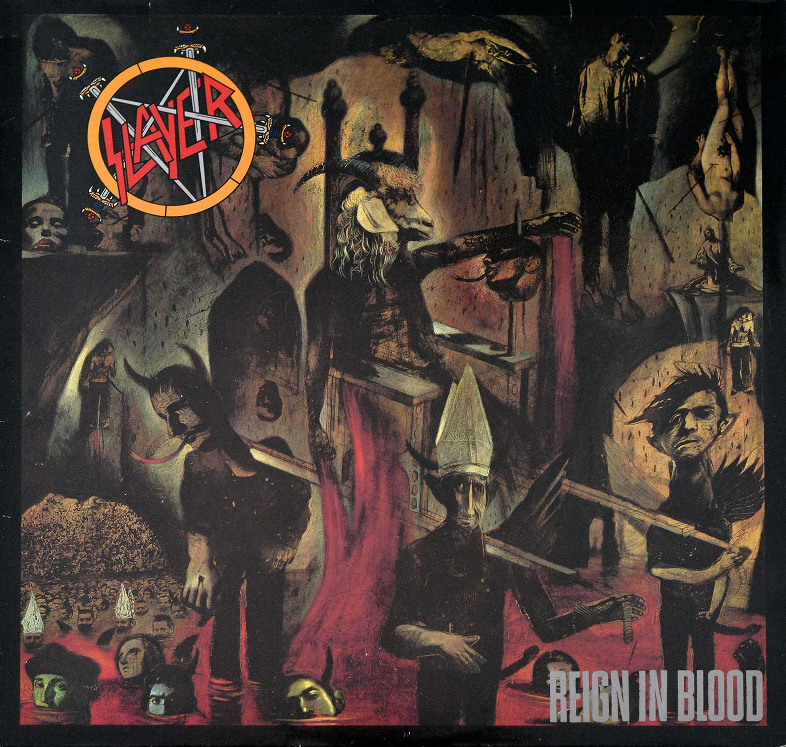 lbum cover of Slayer's Reign in Blood, featuring a dark and chaotic scene with a goat-headed figure on a throne, distorted human-like figures, and religious symbolism, reflecting the album's intense and macabre themes