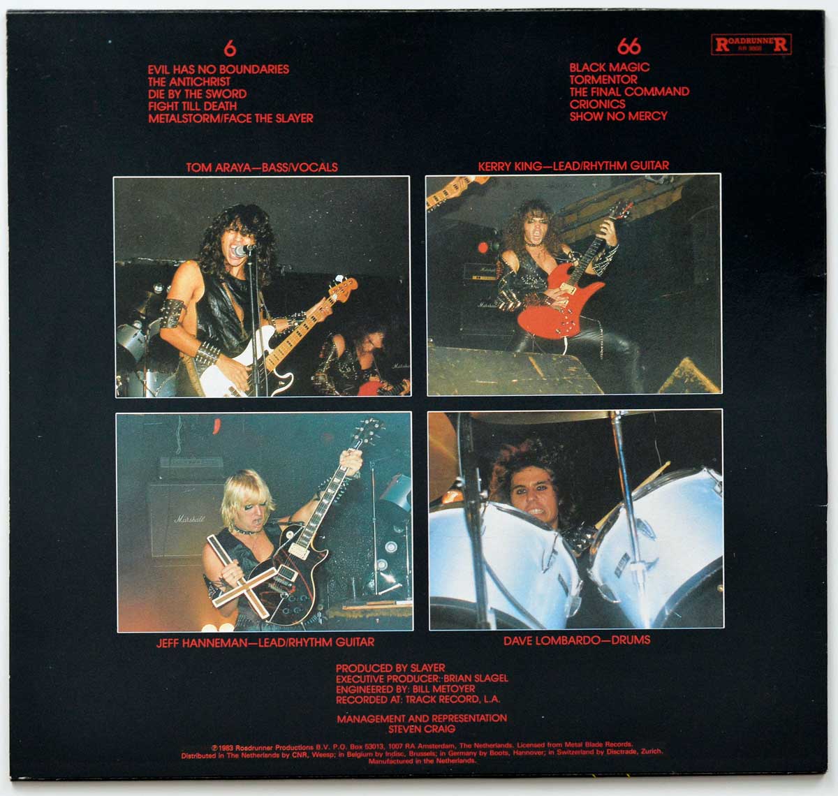 Back cover of Slayer's Show No Mercy Dutch pressing, featuring band photos, tracklist, and production credits on a black background with red text.