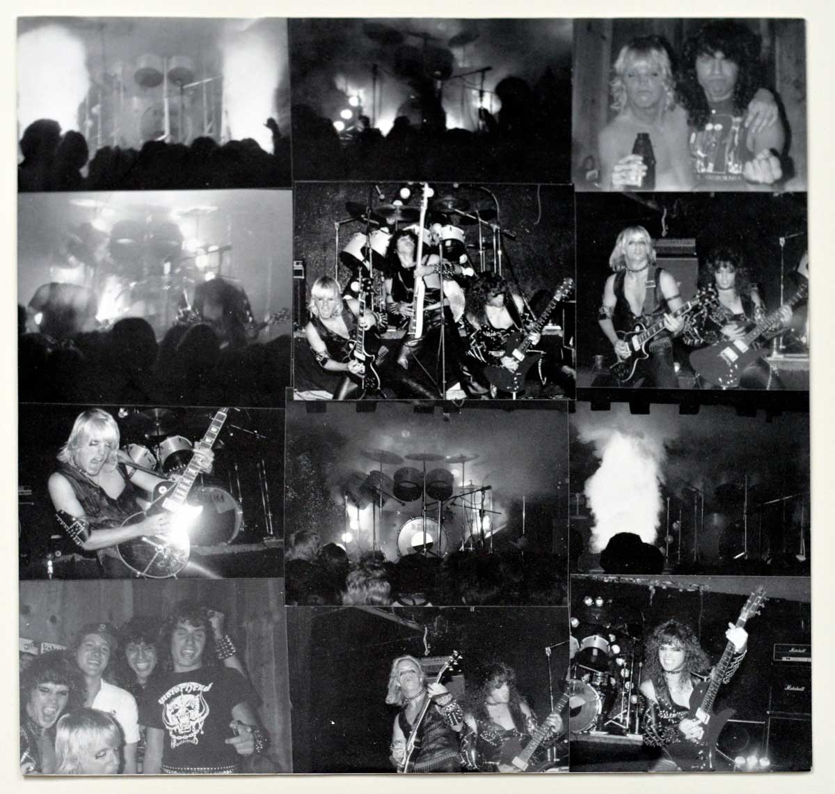 Collage of black-and-white live and candid photos of Slayer from the Show No Mercy era, including stage performances, backstage moments, and crowd scenes.