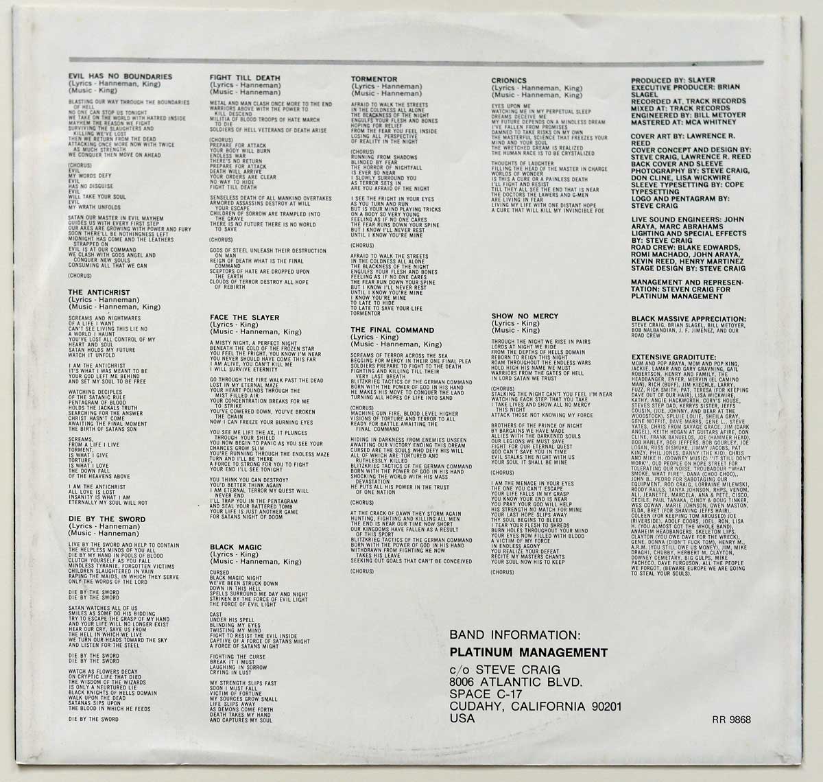 Custom inner sleeve of Slayer's Show No Mercy featuring complete printed lyrics, credits, and management contact info in black text on a white background.
