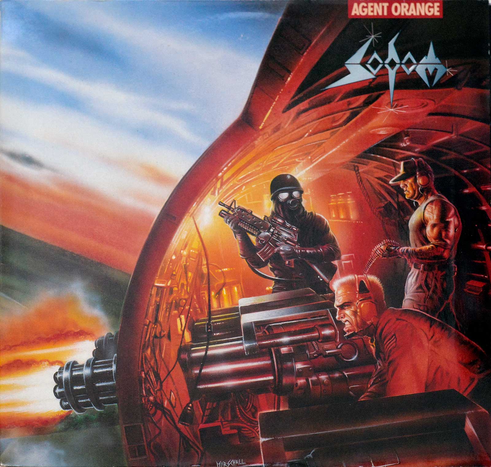 Album cover of Agent Orange by Sodom, featuring a dramatic scene inside a military aircraft with soldiers operating heavy artillery. The artwork, dominated by fiery orange and red hues, depicts a grim, war-torn atmosphere with detailed weaponry, tactical uniforms, and glowing explosions outside