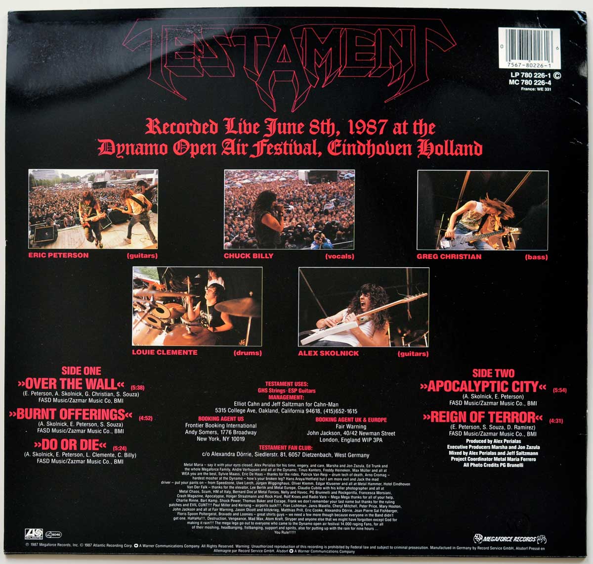 Back cover of Testament’s “Live at Eindhoven” album, featuring the band logo, live recording details from Dynamo Open Air Festival 1987, individual photos of band members in action, tracklist for Side One and Side Two, and production credits at the bottom.