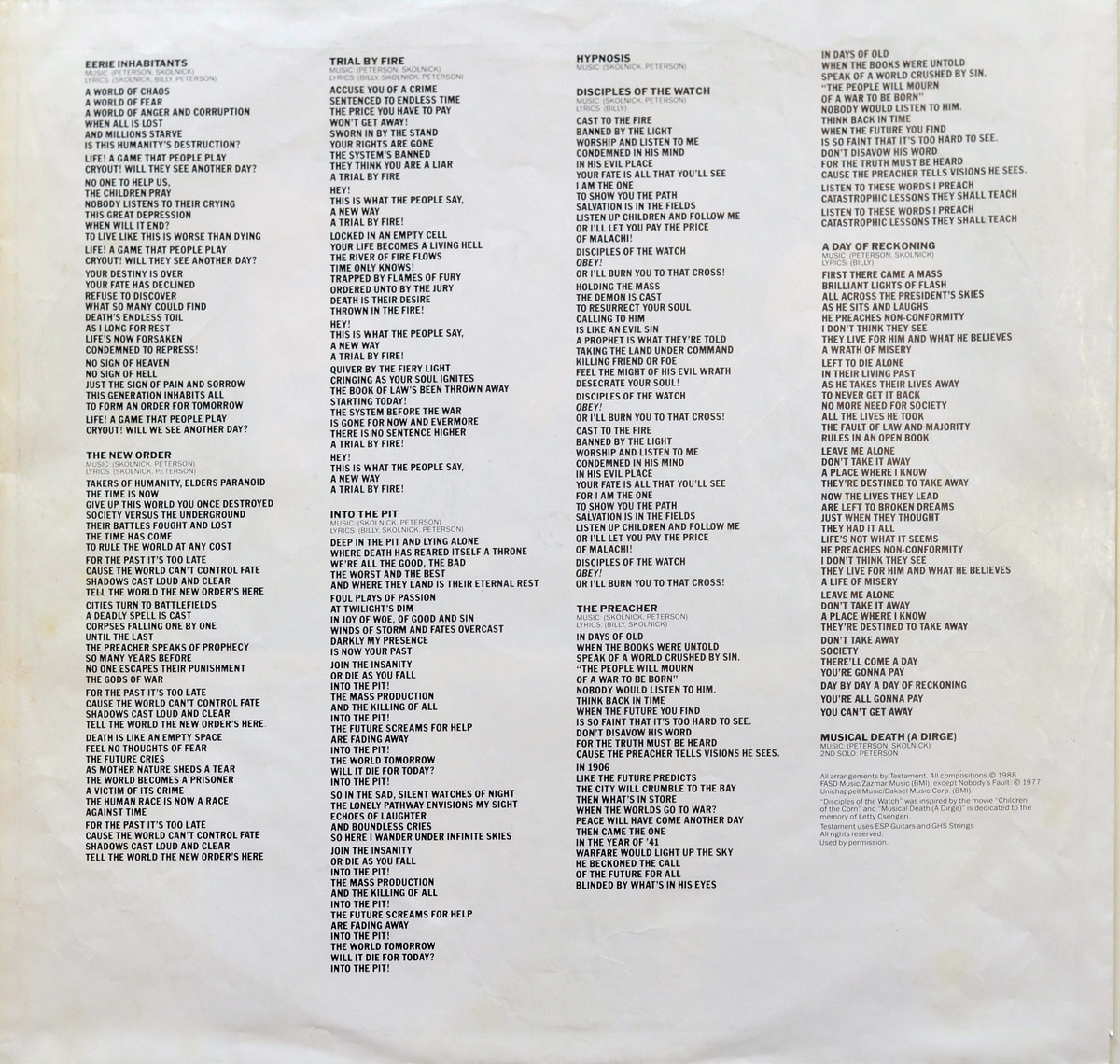 Custom inner sleeve of Testament's 'The New Order' 12" LP album vinyl, featuring the printed lyrics of all album songs in black text on a white background. The text is organized into multiple columns, with song titles in bold capital letters at the top of each section.