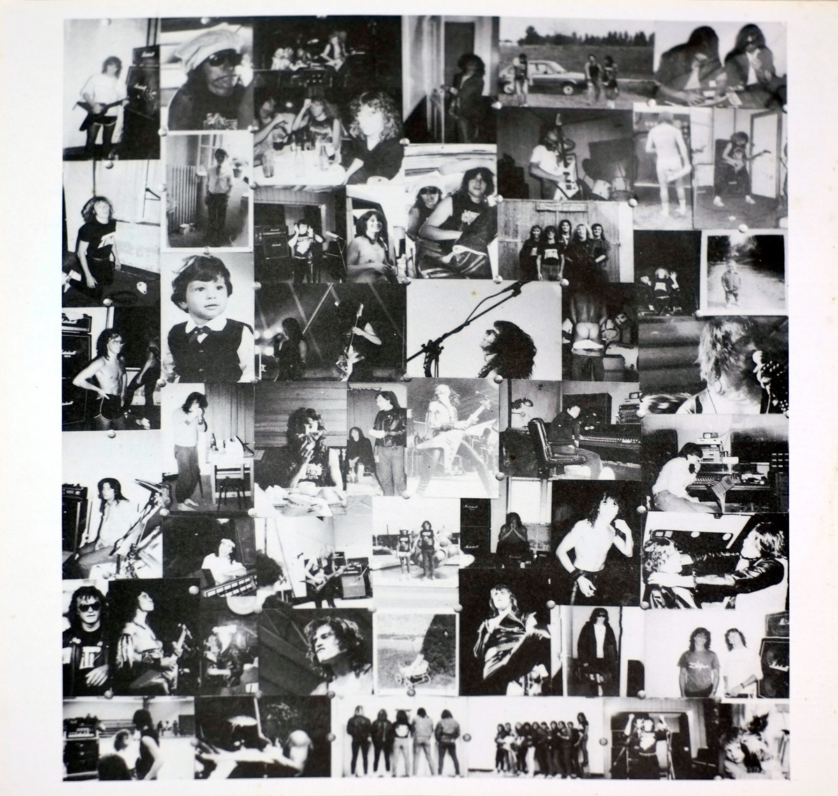 Custom inner sleeve for the Titan album featuring a black-and-white photo collage of candid band moments, including recording sessions, live performances, and casual snapshots. Some images showcase shirtless band members, group poses, and provocative scenes, reflecting the rebellious and unfiltered spirit of the band and the speed metal era.