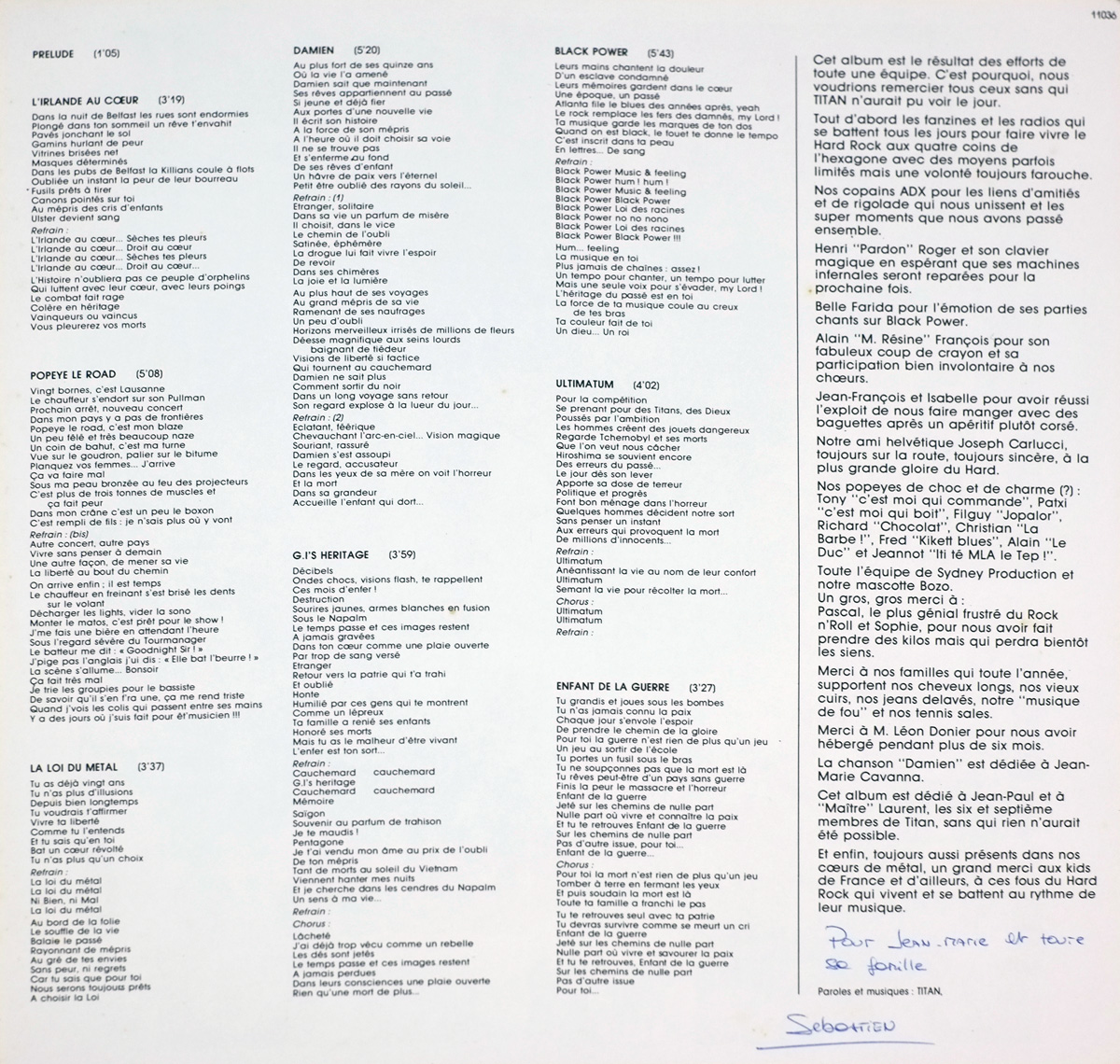 A dedication and thank-you note included in the Titan album, written in French, expressing gratitude to fans, fanzines, radio stations, collaborators, family, and friends who supported the band. The text highlights contributors such as ADX, Henri ‘Pardon’ Roger, and Sydney Production, as well as a special dedication for the song ‘Damien’ and heartfelt appreciation for the hard rock community