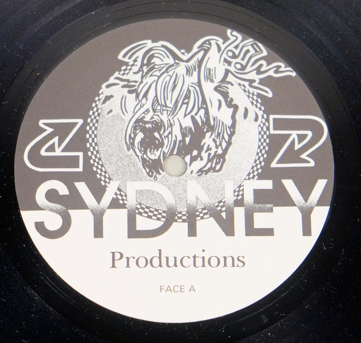 Record label artwork for Titan’s album featuring a roaring lion illustration at the center, surrounded by a circular dotted pattern. The text ‘SYDNEY Productions’ is prominently displayed, with ‘FACE A’ indicating the record side. Stylized arrow symbols flank the design, adding symmetry and a dynamic heavy metal aesthetic.