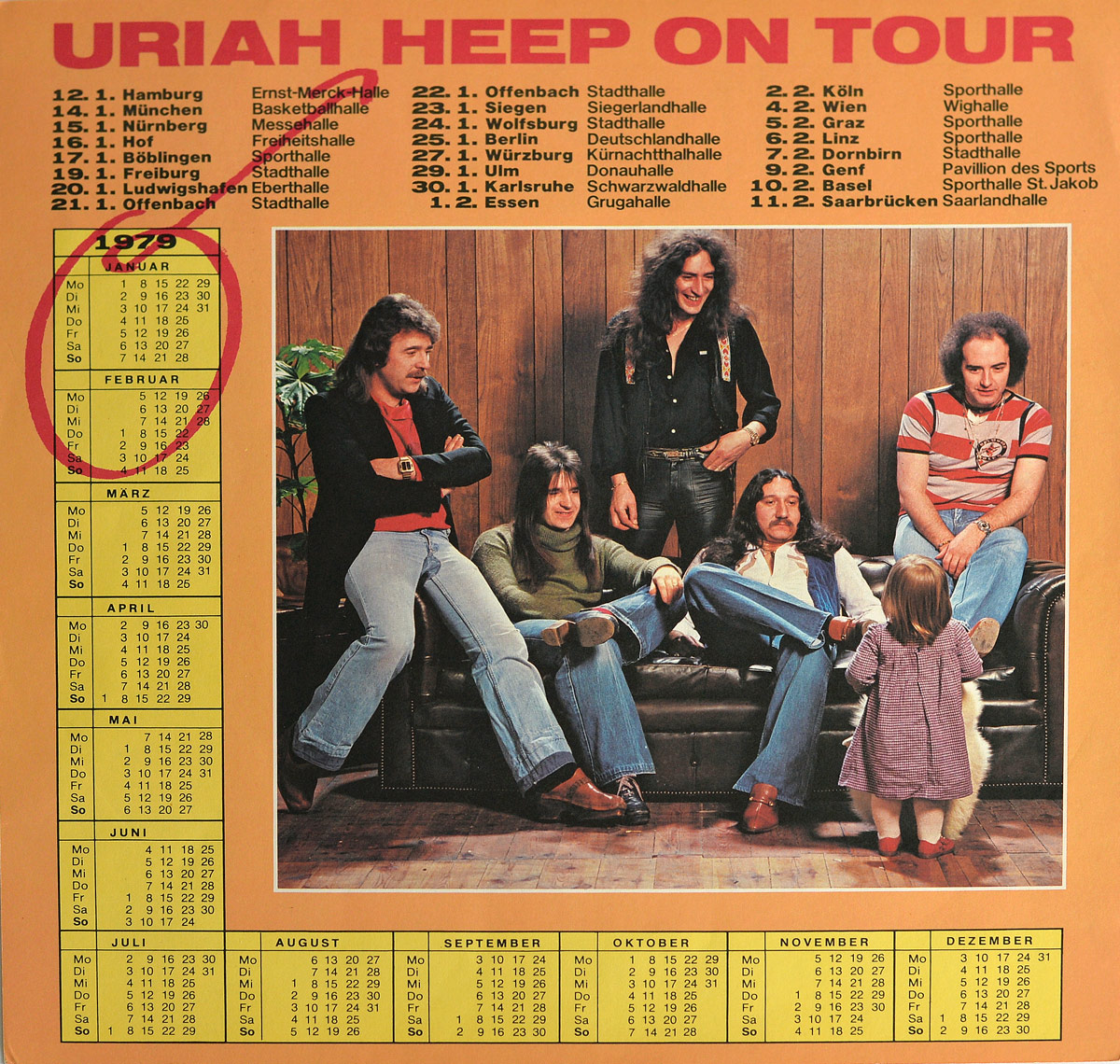 Uriah Heep - Fallen Angel (German Release) custom inner sleeve, first page. The design features an orange background with bold red title 'Uriah Heep On Tour.' A 1979 yearly calendar in yellow occupies the left and bottom margins, with January and February circled in red. Tour cities and venues are listed across the top, including Hamburg, Munich, Nurnberg, Berlin, Vienna, and Basel. On the right, a band portrait shows Mick Box, Trevor Bolder, John Lawton, Ken Hensley, and Lee Kerslake seated casually on a leather sofa against a wood-paneled wall, with a small child standing in front of them.