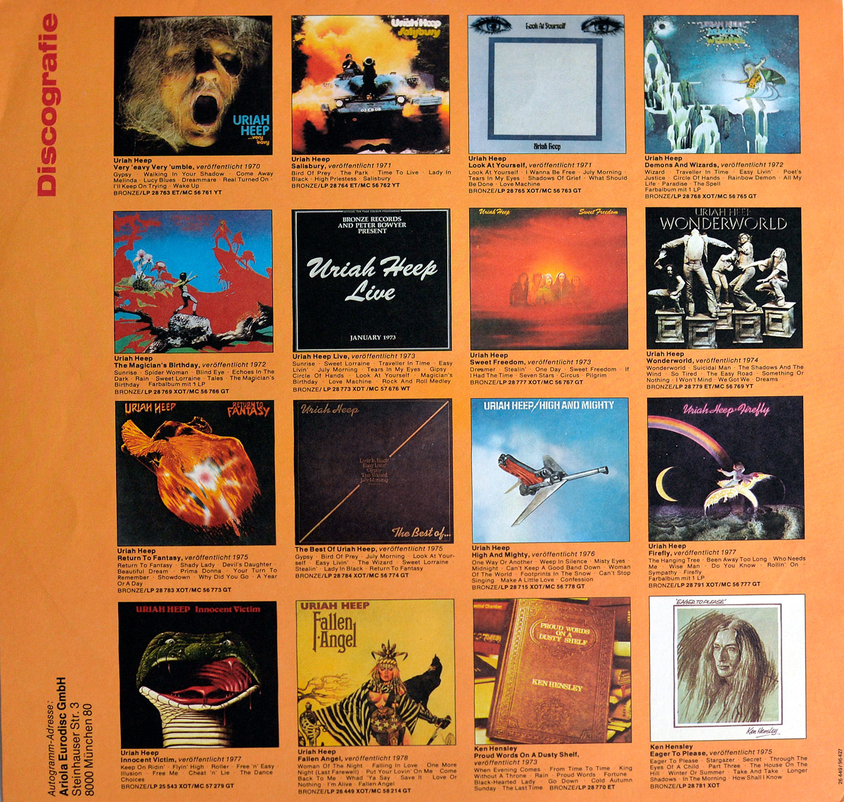 Custom inner sleeve second page for Uriah Heep - Fallen Angel (German Release), featuring a bright orange background with a printed discography section titled 'Discografie' in red. The layout shows 16 album cover thumbnails, including Uriah Heep's official releases from 1970 to 1978 such as Very 'Eavy Very 'Umble, Salisbury, Look at Yourself, Demons and Wizards, The Magician's Birthday, Live, Sweet Freedom, Wonderworld, Return to Fantasy, High and Mighty, Innocent Victim, and Fallen Angel. Each cover is accompanied by small printed details with album titles, release years, catalog numbers, and select track highlights. The bottom right corner includes solo albums by Ken Hensley.
