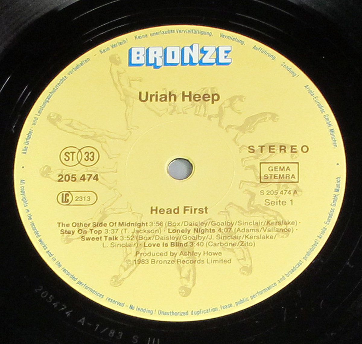 Close up of Side One record's label Head First