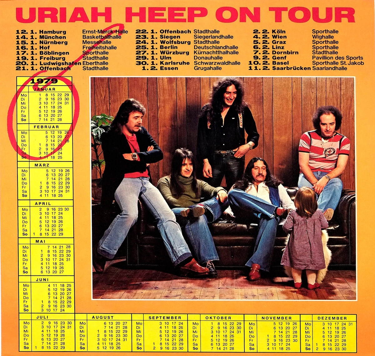 Uriah Heep On Tour 1979 poster featuring tour dates, a calendar, and a band photo with a child in the foreground. Warm color scheme with bold red and yellow typography.
