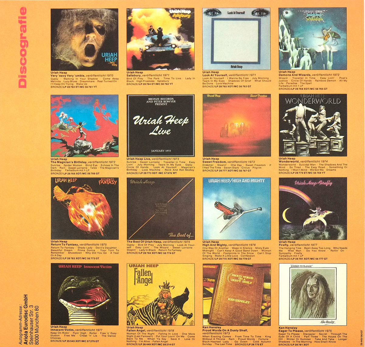 Discography section from the inner sleeve of Uriah Heep's 'Very 'Eavy... Very 'Umble' (German Release), featuring album covers, release years, and catalog numbers against an orange background.
