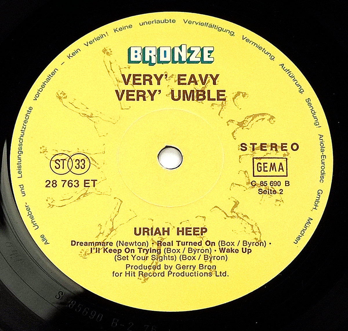 Record label of Uriah Heep's 'Very 'Eavy... Very 'Umble' (German Release), Side 2, featuring a yellow background with the Bronze Records logo, tracklist, and catalog details.