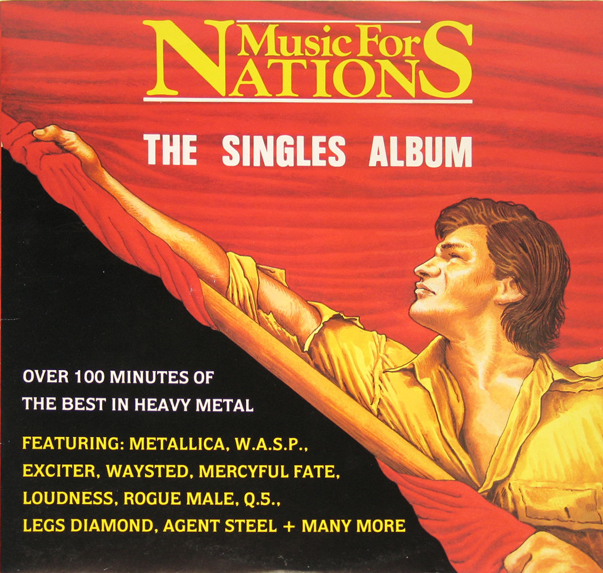 Front cover of 'Music For Nations: The Singles Album' 2LP featuring a muscular man in a yellow shirt holding a red flag over a black and red background. Includes band names in yellow and white text.