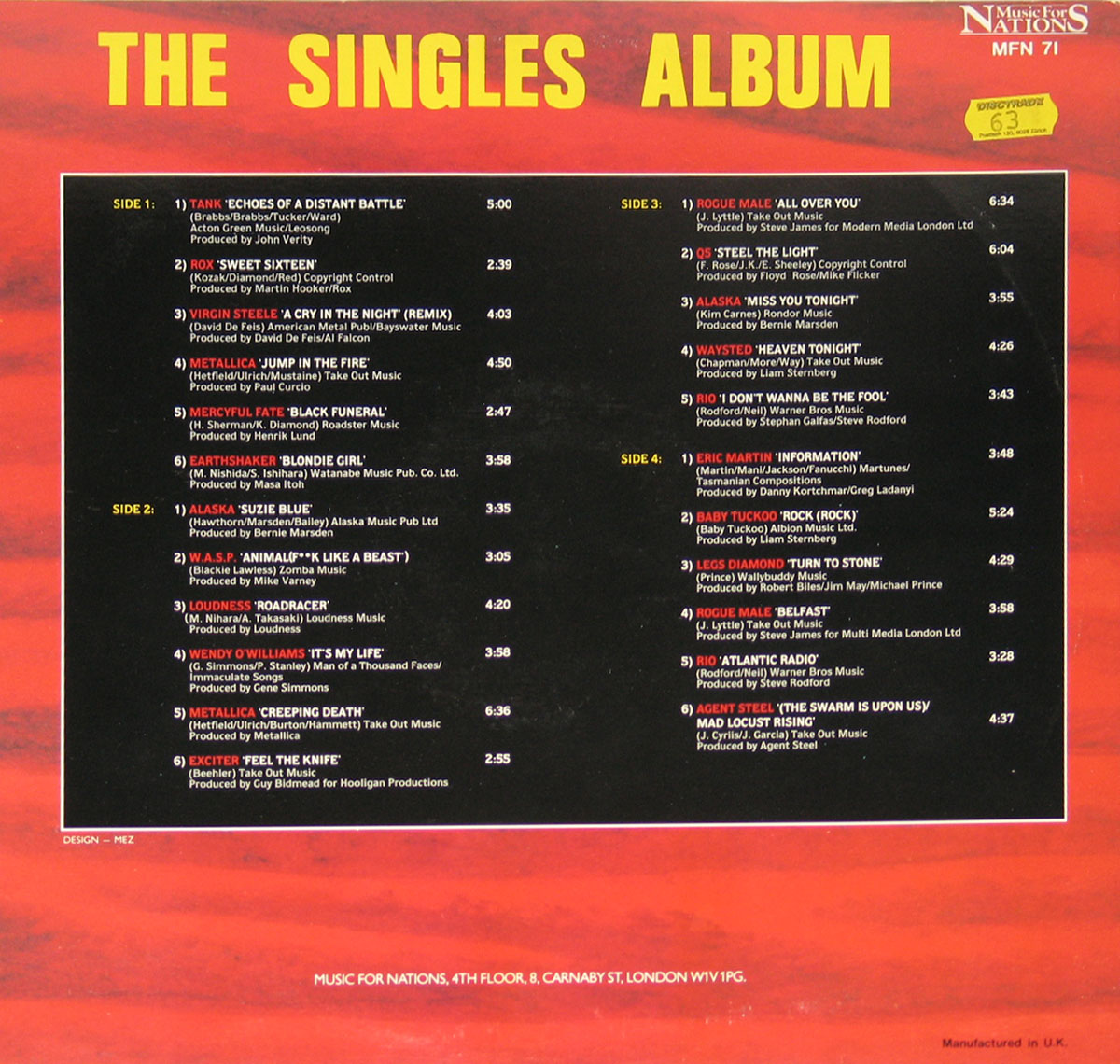 Back cover of 'Music For Nations: The Singles Album' showing tracklisting for all four sides of the 2LP compilation in yellow, red, and white text on a red woodgrain background.