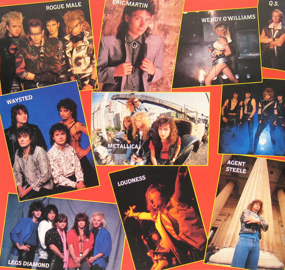 Inner gatefold photo collage from 'Music For Nations: The Singles Album' 2LP showing band photos of Metallica, Loudness, Wendy O'Williams, Rogue Male, Q5, Waysted, Eric Martin, Agent Steel, and more.