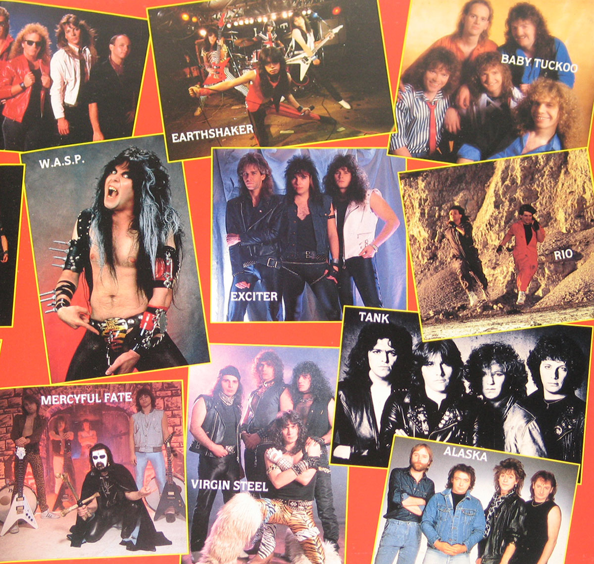 Inner gatefold photo collage from 'Music For Nations: The Singles Album' 2LP featuring band portraits of W.A.S.P., Exciter, Tank, Mercyful Fate, Earthshaker, Virgin Steele, Baby Tuckoo, Rio, and Alaska on a red background.