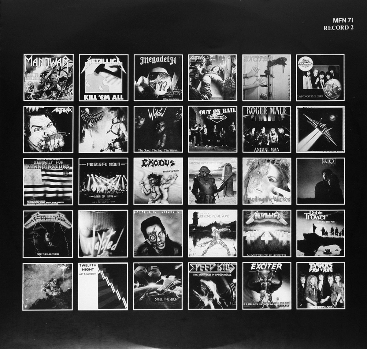 Black-and-white collage of 30 album covers featured on 'Music For Nations: The Singles Album' inner sleeve, including releases by Metallica, Megadeth, Manowar, Anthrax, Exciter, and more.