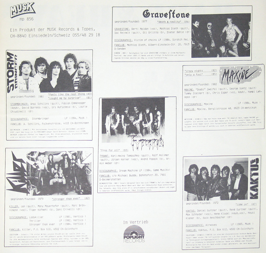 Photo Two of the original custom inner sleeve  HARD & HEAVY Swiss Hard Rock and Heavy Metal 12" Vinyl LP album