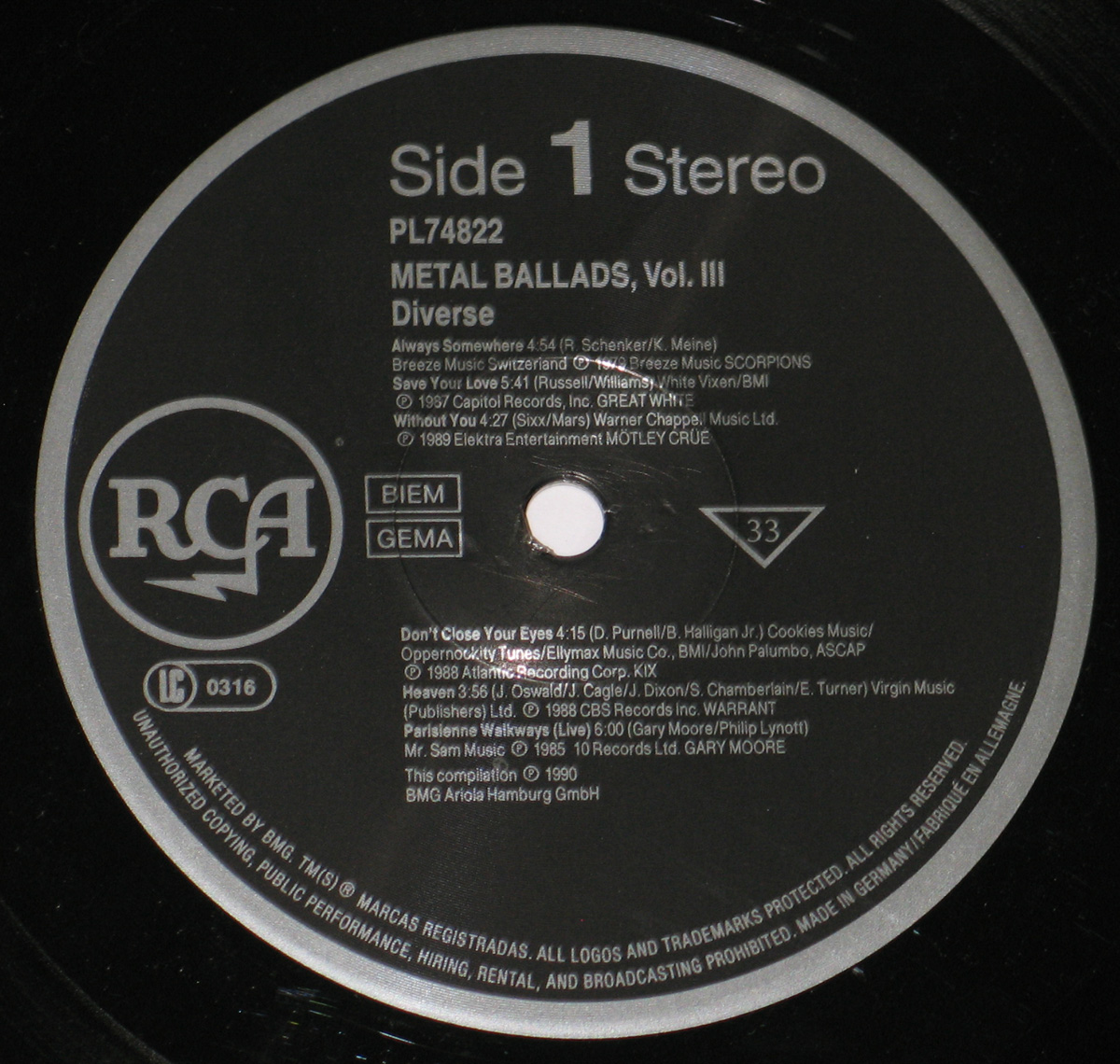 Close-up Photo of "Metal Ballads Volume III " Record Label  