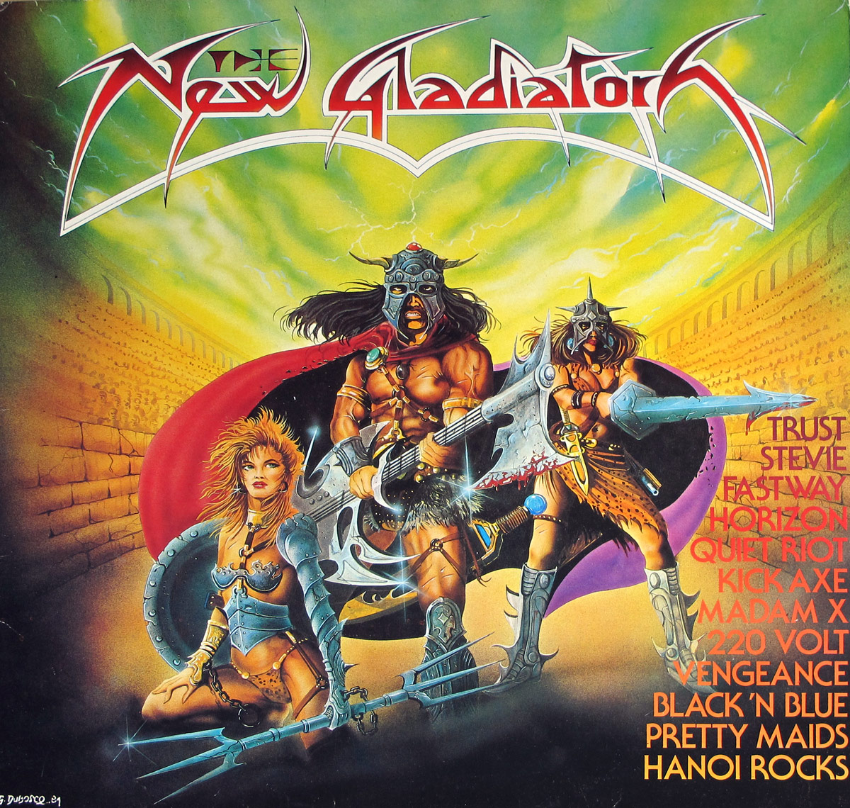 Front cover of New Gladiators vinyl LP showing three heavily armored warrior figures—two women and one man—brandishing weapons and guitars in a fiery Roman-style arena.