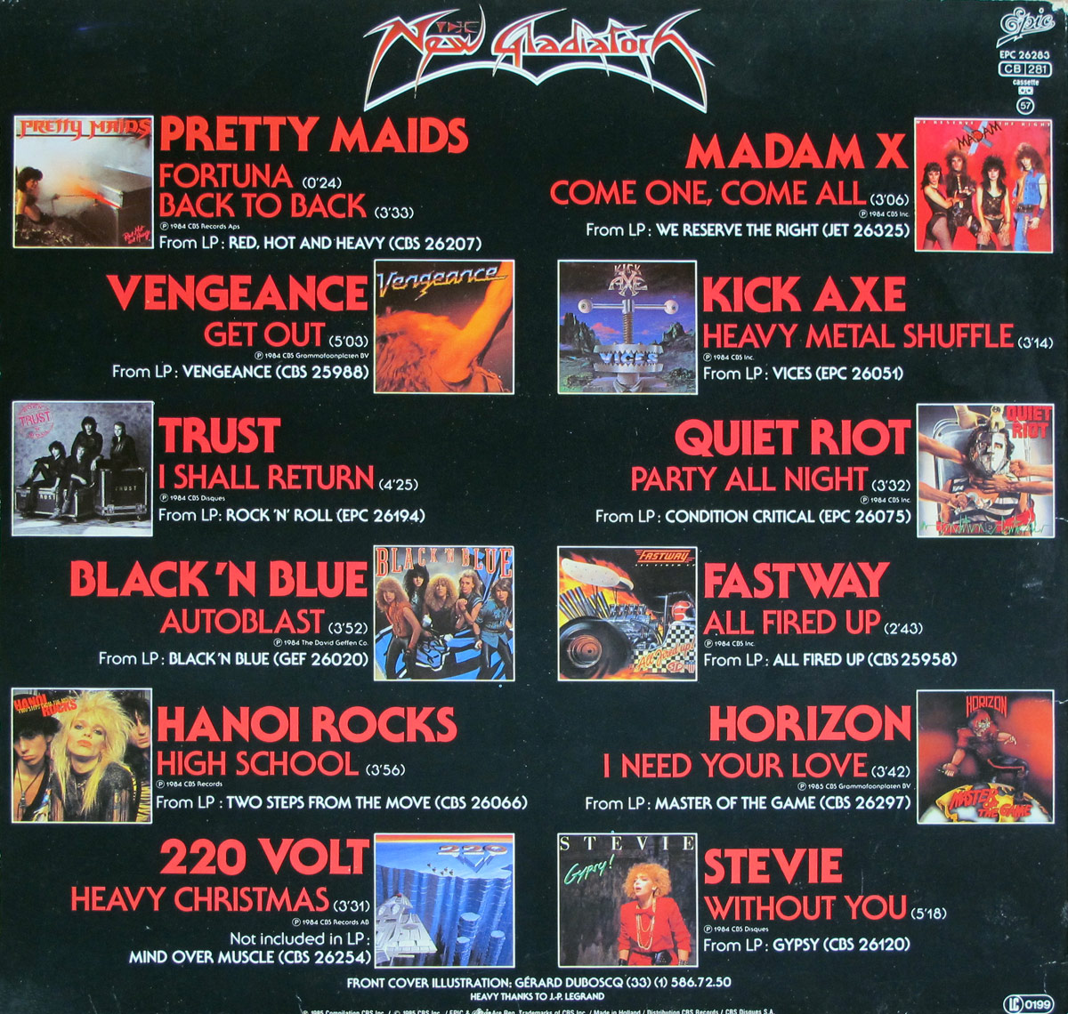 Back cover of New Gladiators compilation LP showing tracklist, durations, band names, album artwork, and LP sources on a black background in red and white text.