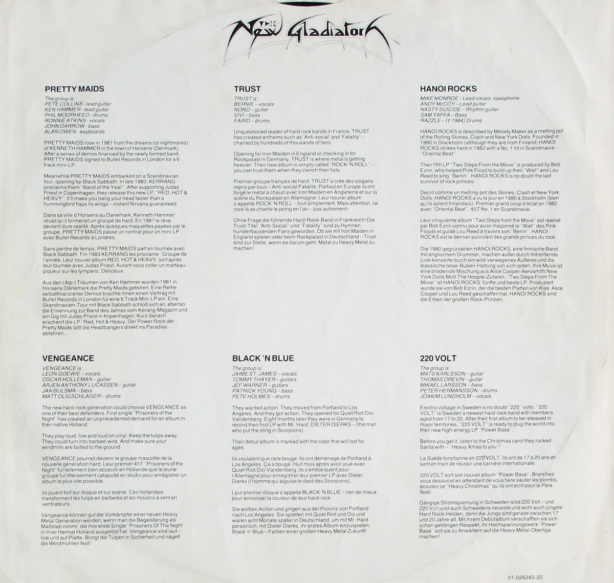 Inner sleeve of New Gladiators LP displaying multilingual band bios and line-ups for Pretty Maids, Trust, Hanoi Rocks, Vengeance, Black 'n Blue, and 220 Volt.