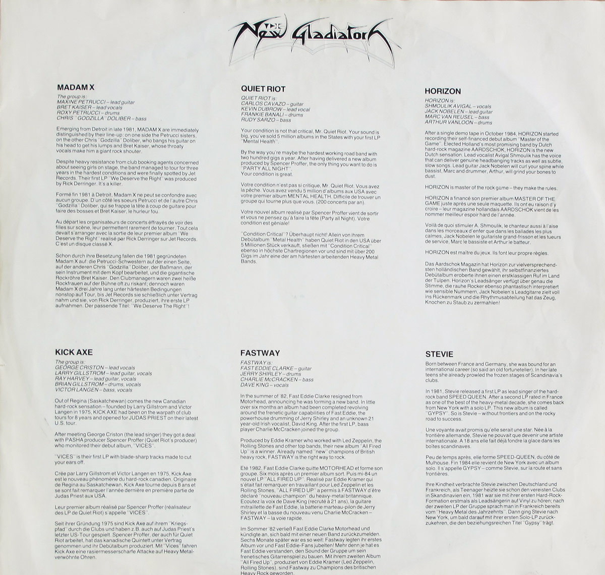 Second inner sleeve of New Gladiators featuring bios and members of Madam X, Quiet Riot, Horizon, Kick Axe, Fastway, and Stevie in three languages.