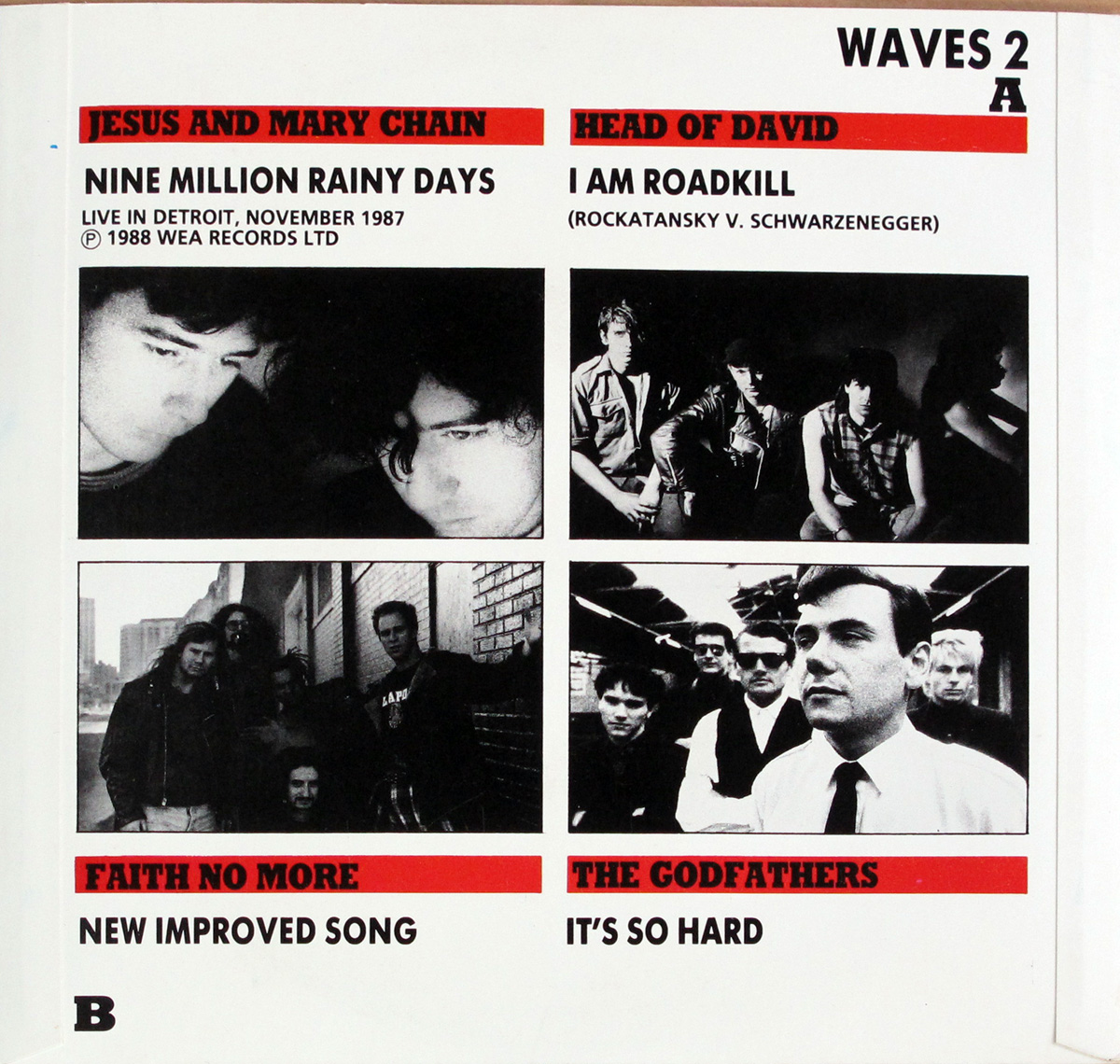 Back cover of “Sounds Waves 2” featuring band photos and track titles for The Jesus and Mary Chain, Head of David, Faith No More, and The Godfathers, with a grid layout and red headers for artist names.