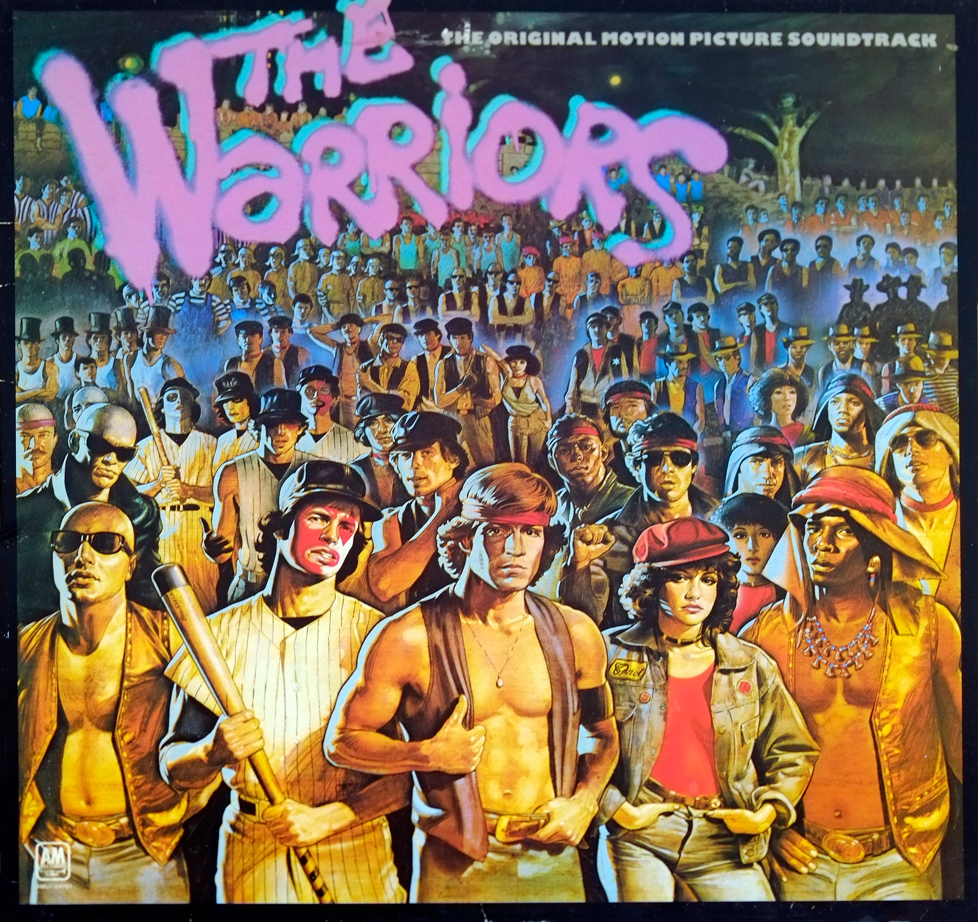 Front cover of The Warriors Original Motion Picture Soundtrack album, featuring a stylized illustration of the film’s gang members in unique outfits, with graffiti-style purple title text and a dark urban background https://vinyl-records.nl
