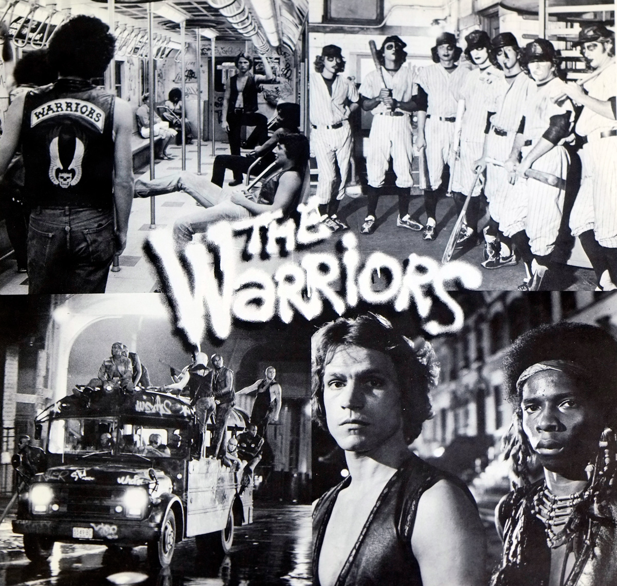 Custom inner sleeve of The Warriors Original Motion Picture Soundtrack, featuring a collage of black-and-white stills from the film, including subway scenes, the Baseball Furies gang, a modified vehicle, and key characters Swan and Cochise.