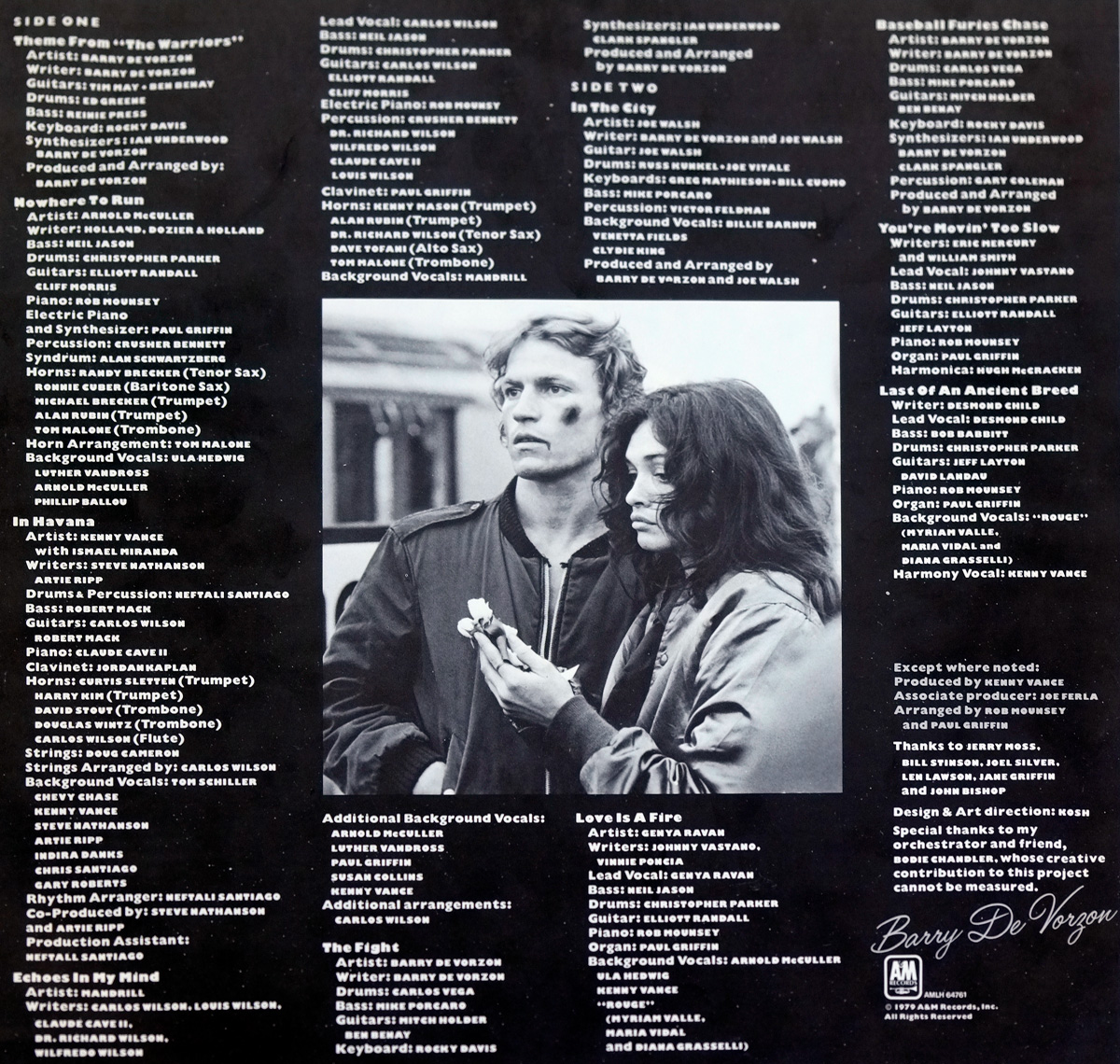 Custom inner sleeve of The Warriors Original Motion Picture Soundtrack, featuring a photo of characters Swan and Mercy, surrounded by detailed credits for musicians, writers, and production staff involved in the album
