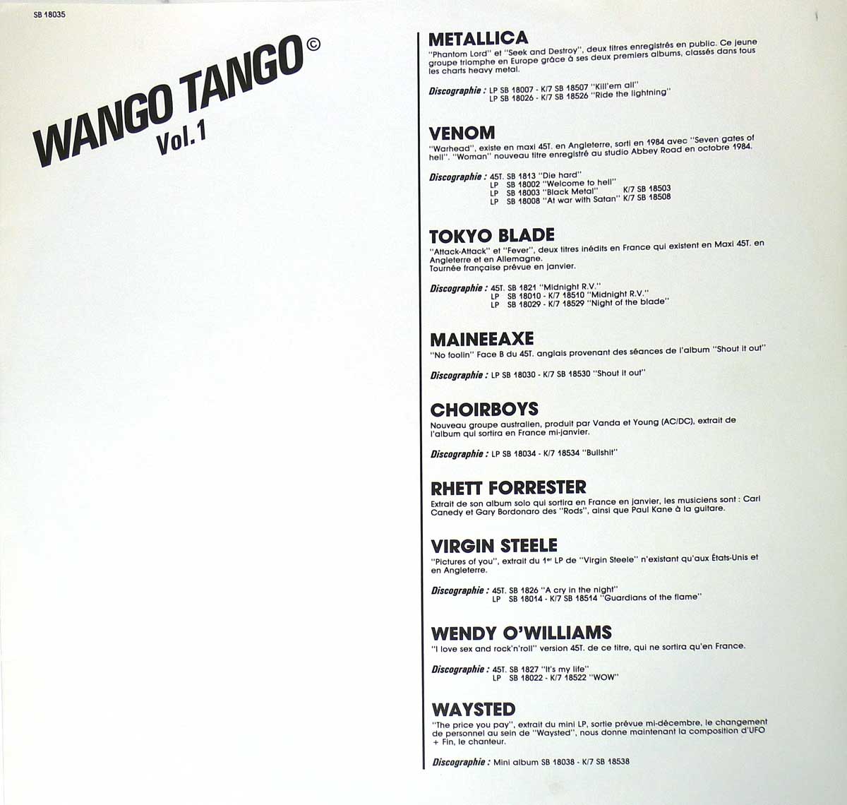 Inner Sleeve   of "Wango Tango Vol 1." Album