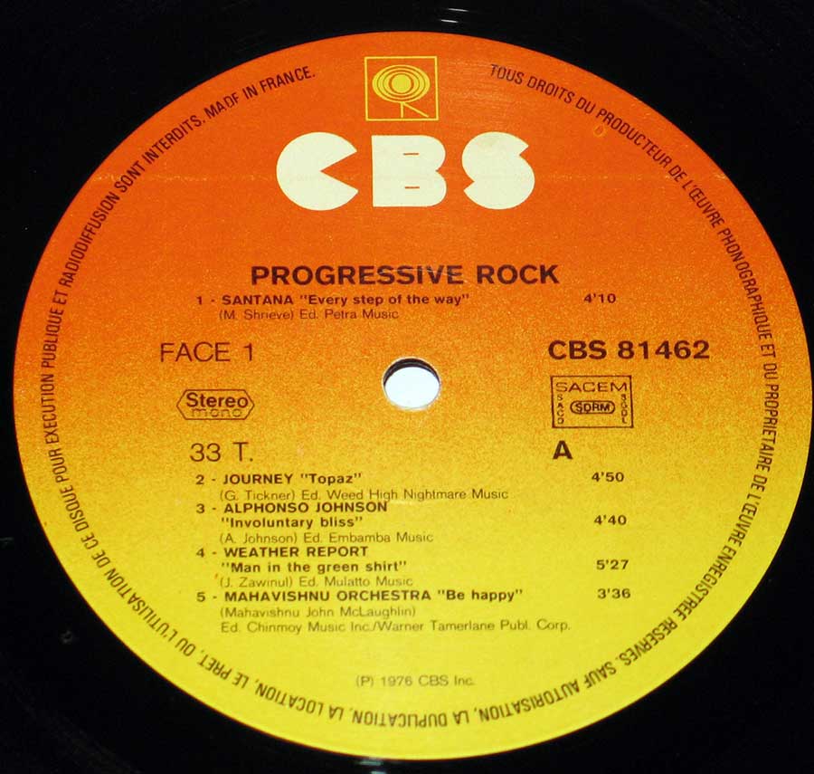 Close up of record's label VARIOUS ARTISTS - Progressive Rock 12" Vinyl LP Album Side One