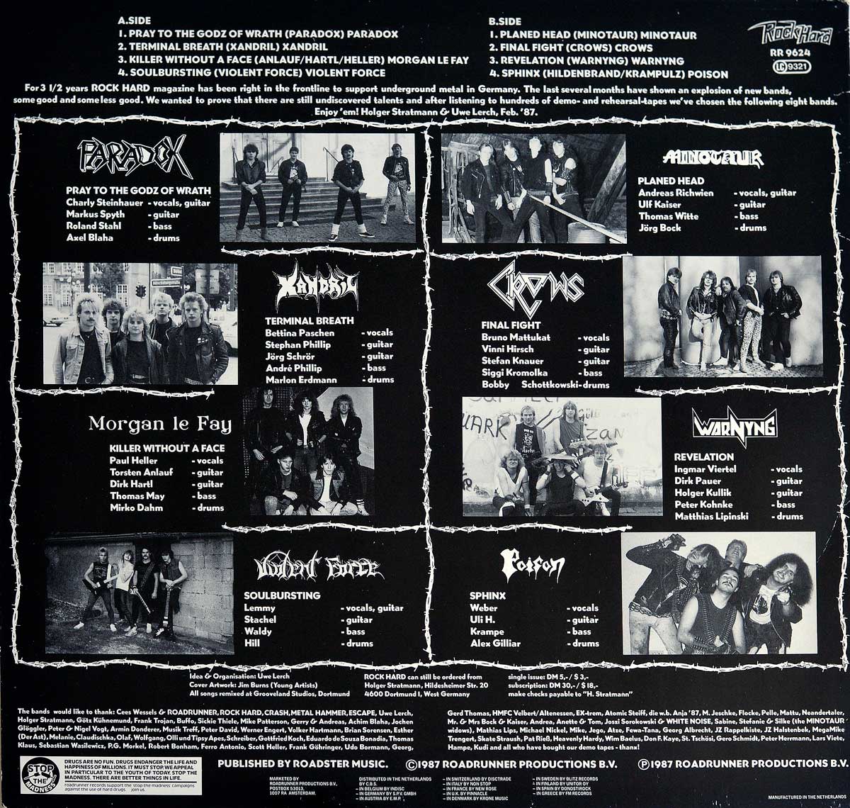 Back cover of the album Teutonic Invasion Part One, featuring a black background with sections showcasing eight featured bands. Each section includes black-and-white band photos, logos, and member line-ups for Paradox, Xandril, Morgan le Fay, Violent Force, Minotaur, Crows, Warning, and Poison. Track titles are listed, including songs like “Pray to the Godz of Wrath” by Paradox and “Revelation” by Warning. The design is framed with a barbed-wire motif, and the bottom includes a note from Rock Hard magazine about supporting the German underground metal scene. Published by Roadster Music in 1987. https://vinyl-records.nl